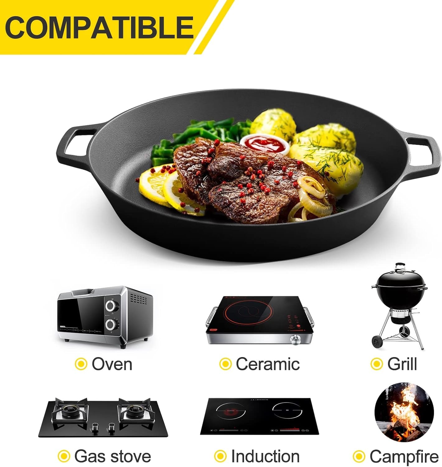 Pre Seasoned Cast Iron Skillet Large Dual Handle Frying Pan for Bread