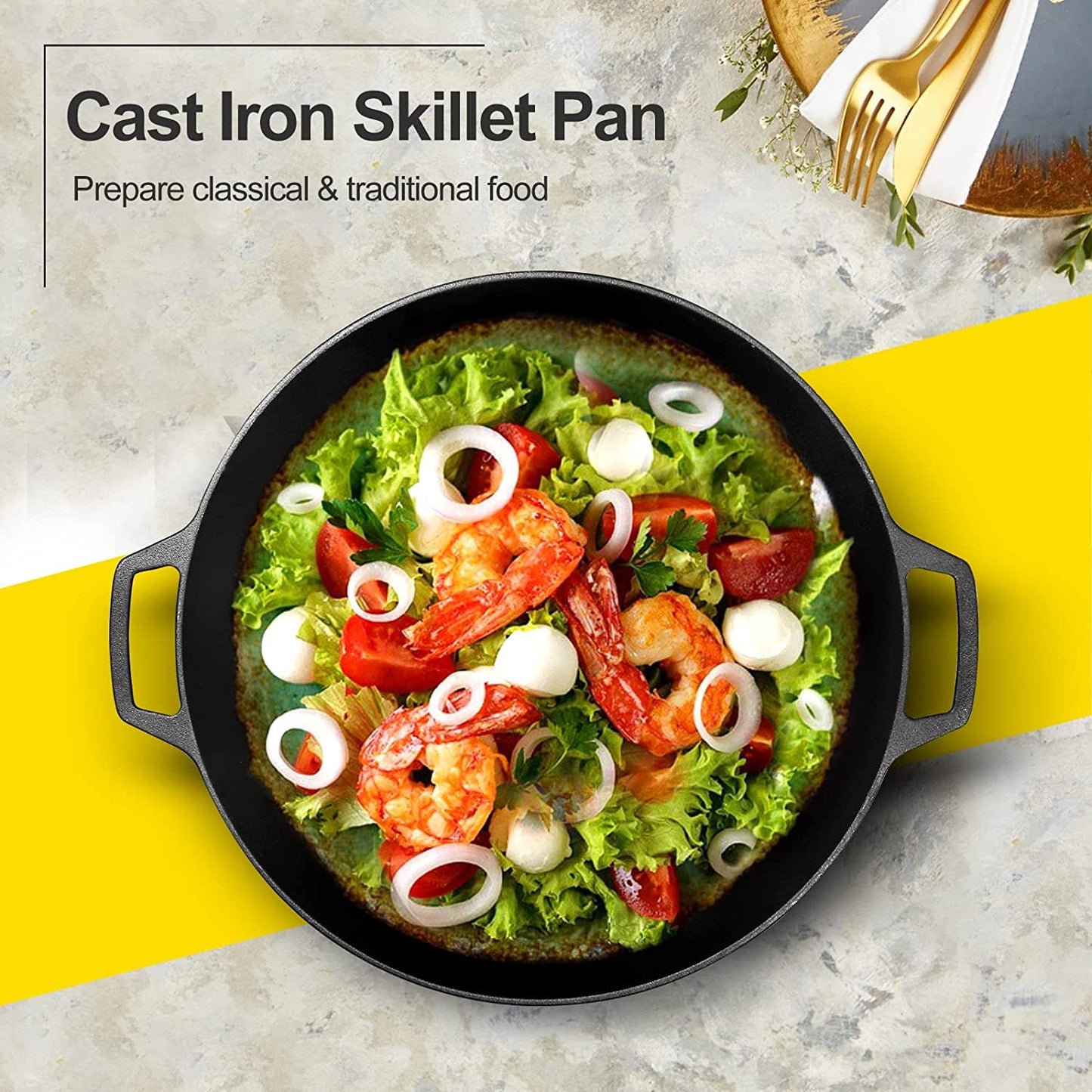Pre Seasoned Cast Iron Skillet Large Dual Handle Frying Pan for Bread