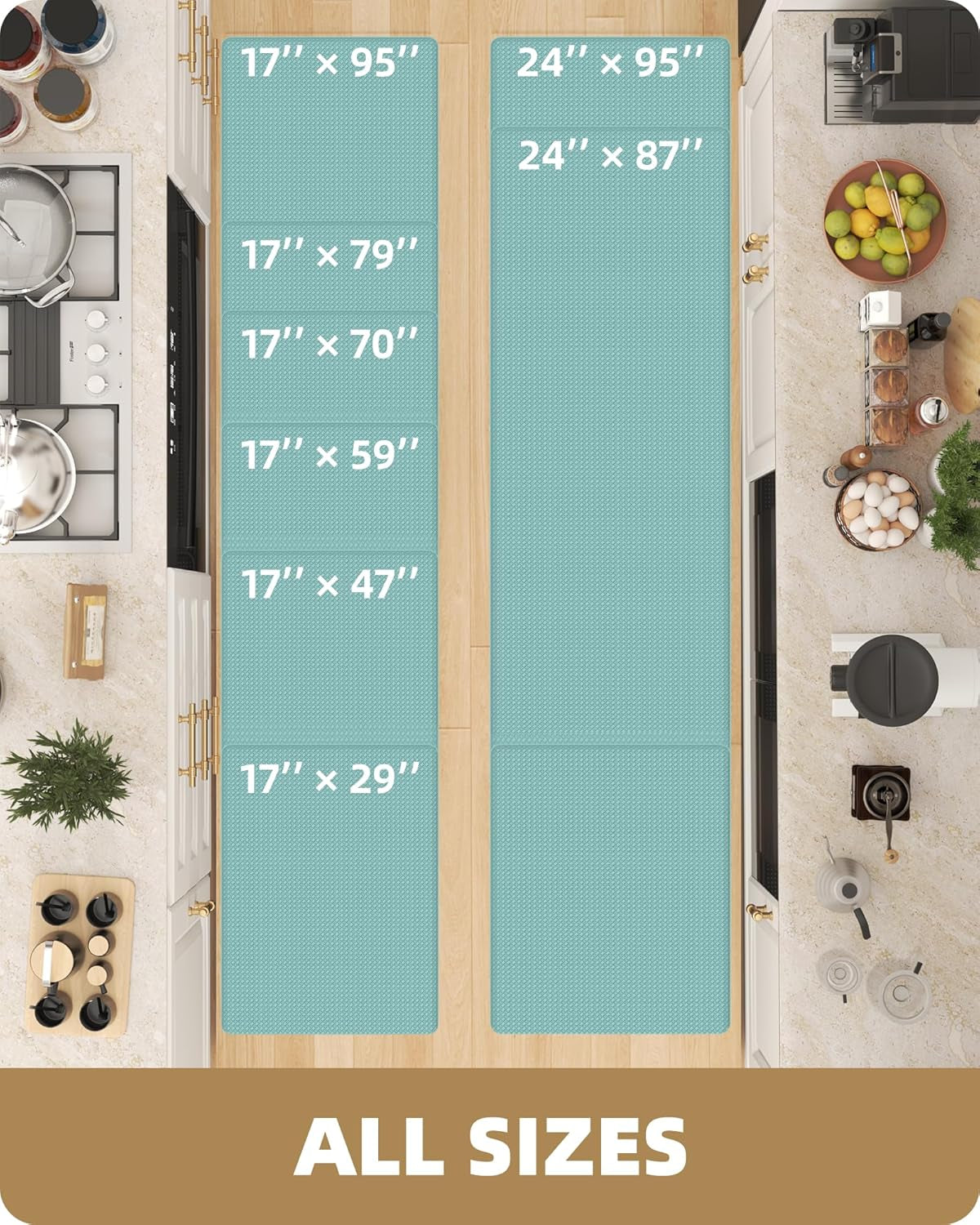 Kitchen Rugs, Kitchen Runner Rug Kitchen Floor Mat, Cushioned Anti-Fatigue Kitchen Mat, Non Slip Waterproof Comfort Standing Padded, Memory Foam Kitchen Mat, 17"X59", Teal