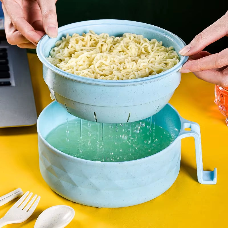 Microwave Ramen Bowl Cooker Set - Wheat Straw Instant Noodles Bowl with Handles, Ramen Noodle Cooker with Spoon Chopsticks Fork