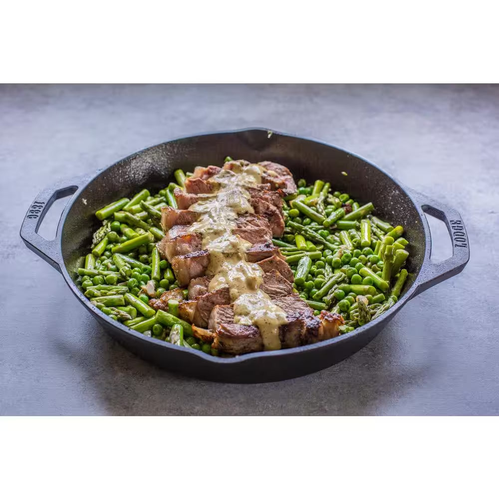In Cast Iron Skillet in Black with Dual Handles for outdoor indoor