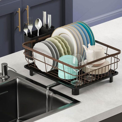 Iron Dish Drying Rack with Drainboard Dish Drainers for Kitchen Counter Extendable Spout Strainers with Utensil Holder and Knife Slots, Black
