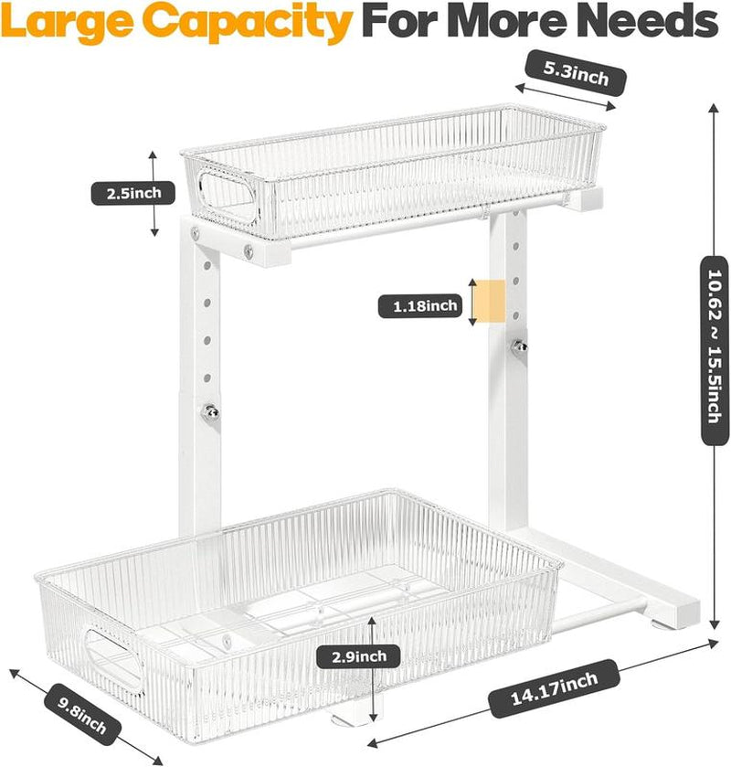 BIBORAYA-2 Pack under Sink Organizer, 2-Tier Pull Out Cabinet Organizer, Elegant Acrylic under Sink Storage Shelf for Kitchen Bathroom Cabinet, L-Shaped Adjustable Height for Maximum Space Efficiency-White