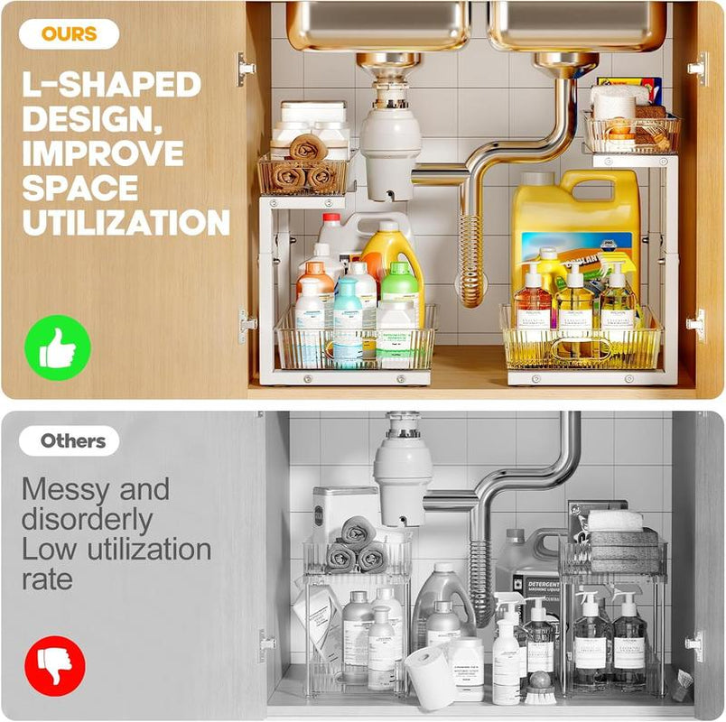 BIBORAYA-2 Pack under Sink Organizer, 2-Tier Pull Out Cabinet Organizer, Elegant Acrylic under Sink Storage Shelf for Kitchen Bathroom Cabinet, L-Shaped Adjustable Height for Maximum Space Efficiency-White