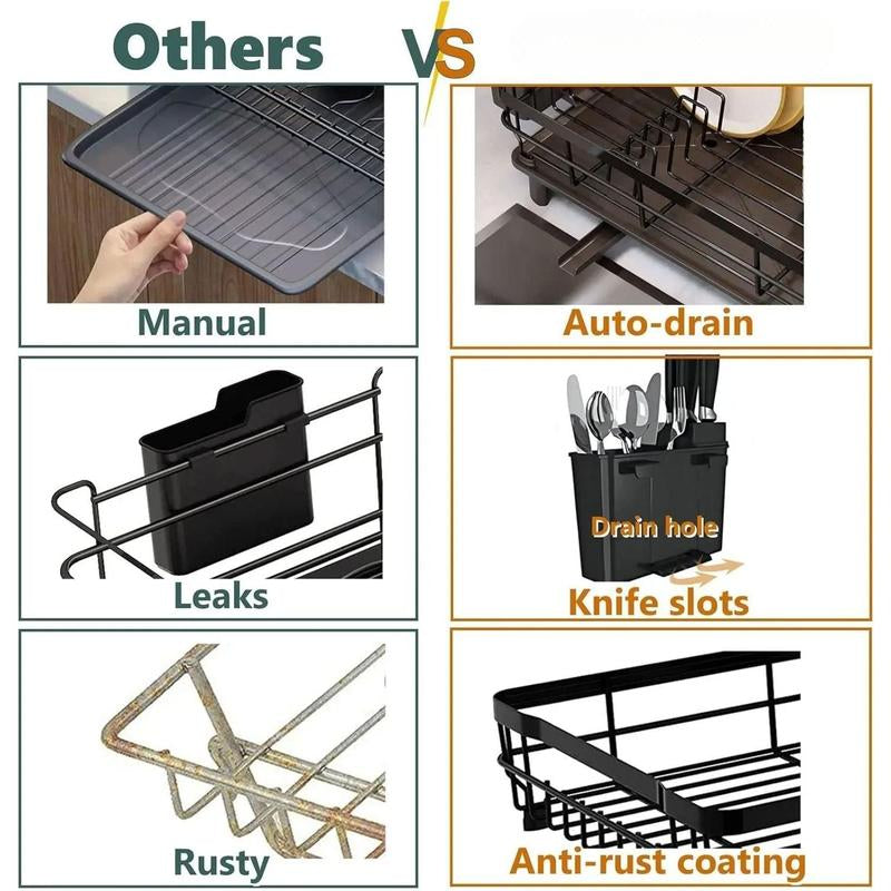 Iron Dish Drying Rack with Drainboard Dish Drainers for Kitchen Counter Extendable Spout Strainers with Utensil Holder and Knife Slots, Black