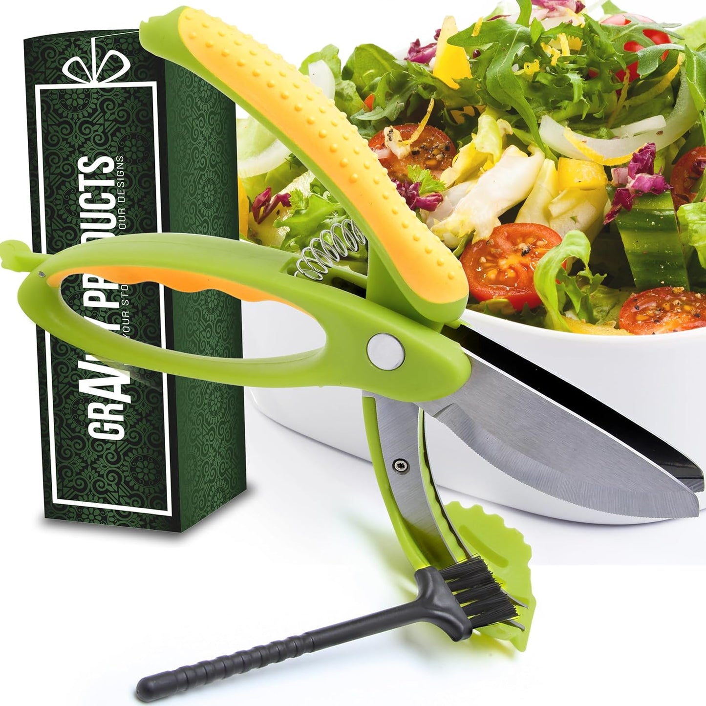 Salad Scissors - 2-In-1 Food Chopper and Kitchen Shears for Easy Salad Making, Vegetables, Meat & More - Ergonomic Handle, Stainless Steel Blades