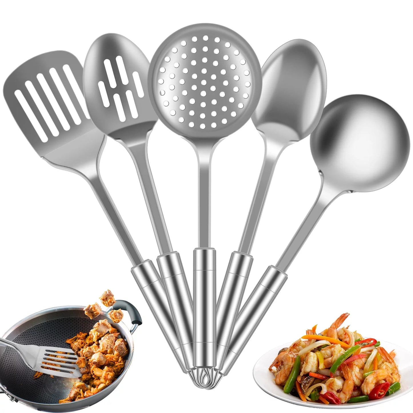 5Pcs Metal Stainless Steel Utensil for Cooking Kitchen Cooking Utensils Set Kitchen Gadgets Tools Set Spoons Spatula Sets with Ergonomic Handle Hanging Hole Reusable