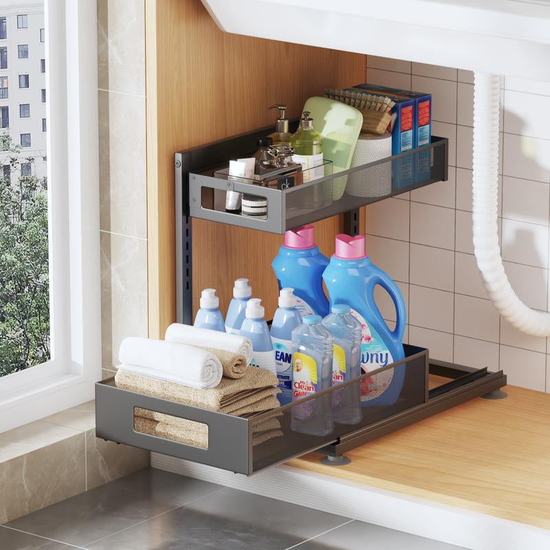 BIBORAYA-2 Pack under Sink Organizer, 2-Tier Pull Out Cabinet Organizer, Elegant Acrylic under Sink Storage Shelf for Kitchen Bathroom Cabinet, L-Shaped Adjustable Height for Maximum Space Efficiency-White