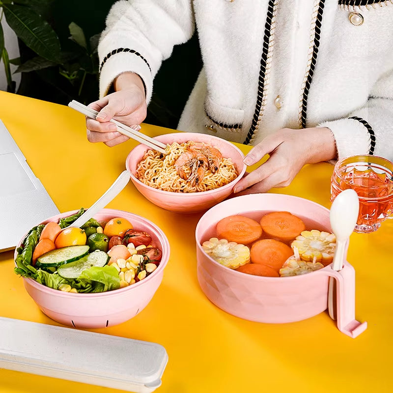 Microwave Ramen Bowl Cooker Set - Wheat Straw Instant Noodles Bowl with Handles, Ramen Noodle Cooker with Spoon Chopsticks Fork
