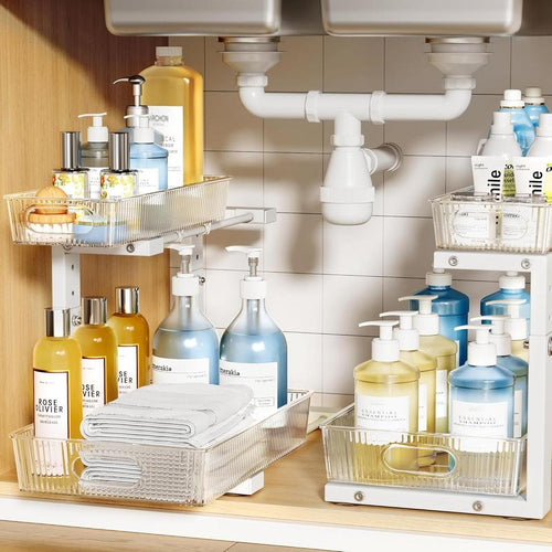 BIBORAYA-2 Pack under Sink Organizer, 2-Tier Pull Out Cabinet Organizer, Elegant Acrylic under Sink Storage Shelf for Kitchen Bathroom Cabinet, L-Shaped Adjustable Height for Maximum Space Efficiency-White