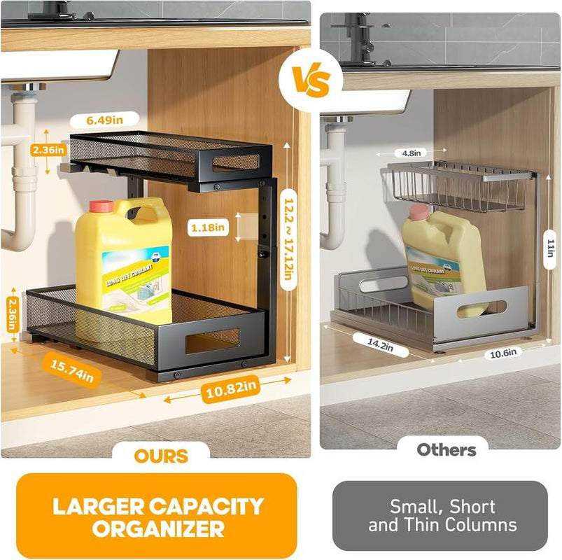 BIBORAYA-2 Pack under Sink Organizer, 2-Tier Pull Out Cabinet Organizer, Elegant Acrylic under Sink Storage Shelf for Kitchen Bathroom Cabinet, L-Shaped Adjustable Height for Maximum Space Efficiency-White