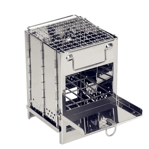 Wood Stove Portable Foldable Stainless Steel Camping Stove with Mini Charcoal Grill Lightweight Barbecue Grill