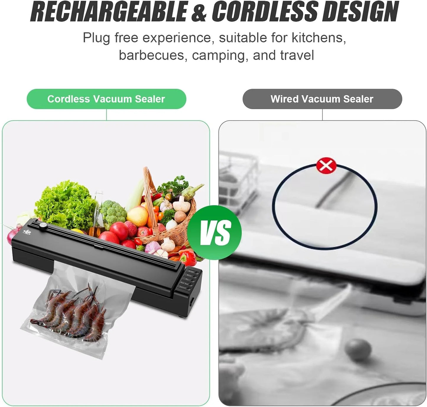 Vacuum Sealer Machine, Cordless Rechargeable Food Vacuum Sealer for Dry/Moist Food Storage