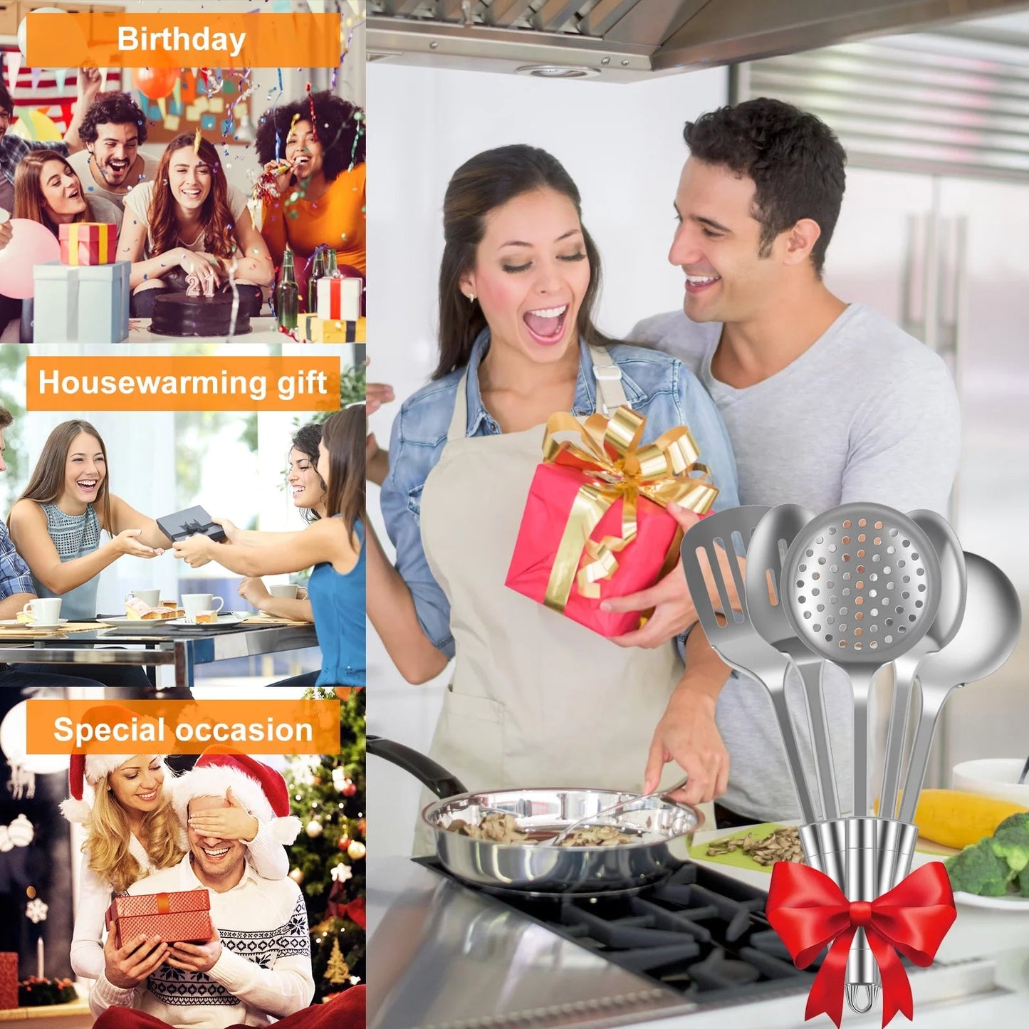 5Pcs Metal Stainless Steel Utensil for Cooking Kitchen Cooking Utensils Set Kitchen Gadgets Tools Set Spoons Spatula Sets with Ergonomic Handle Hanging Hole Reusable