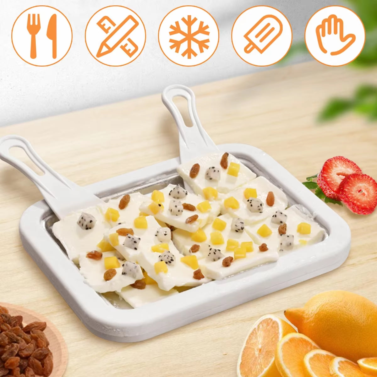 Ice Cream Maker Pan with 2 Scrapers Ice Cream Maker Plate Multifunctional Cold Sweet Fried Food Plate Rolled Ice Cream Maker