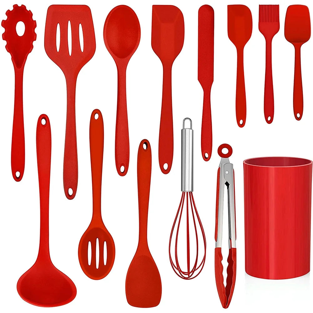 14 Pcs Cooking Utensils Set with Holder, Heat Resistant Silicone Kitchen Cookware Utensils Set, Kitchen Cooking Tools Includes Spatula Spoon Turner Whisk Tong, Dishwasher Safe, Red