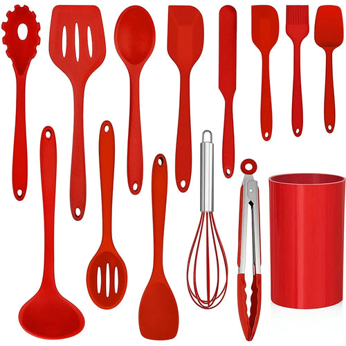 14 Pcs Cooking Utensils Set with Holder, Heat Resistant Silicone Kitchen Cookware Utensils Set, Kitchen Cooking Tools Includes Spatula Spoon Turner Whisk Tong, Dishwasher Safe, Red