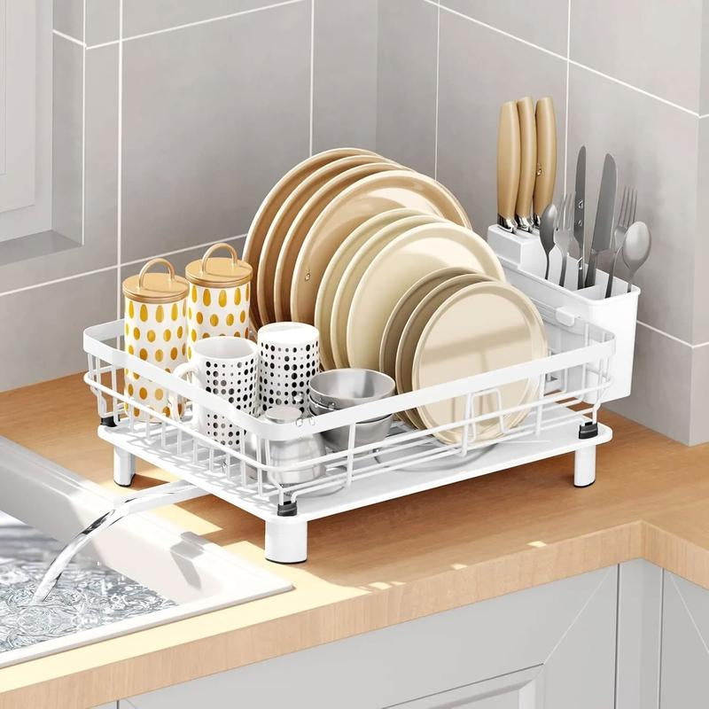 Iron Dish Drying Rack with Drainboard Dish Drainers for Kitchen Counter Extendable Spout Strainers with Utensil Holder and Knife Slots, Black