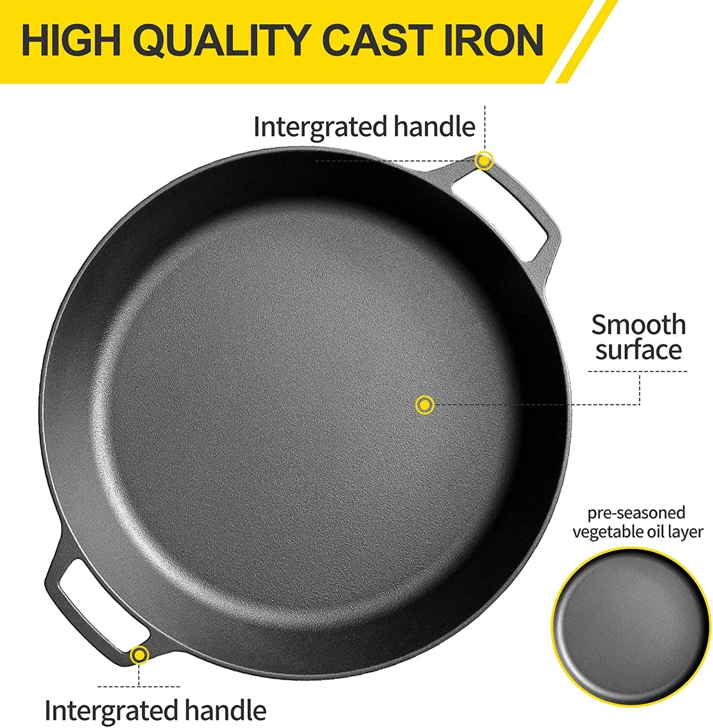 Pre Seasoned Cast Iron Skillet Large Dual Handle Frying Pan for Bread