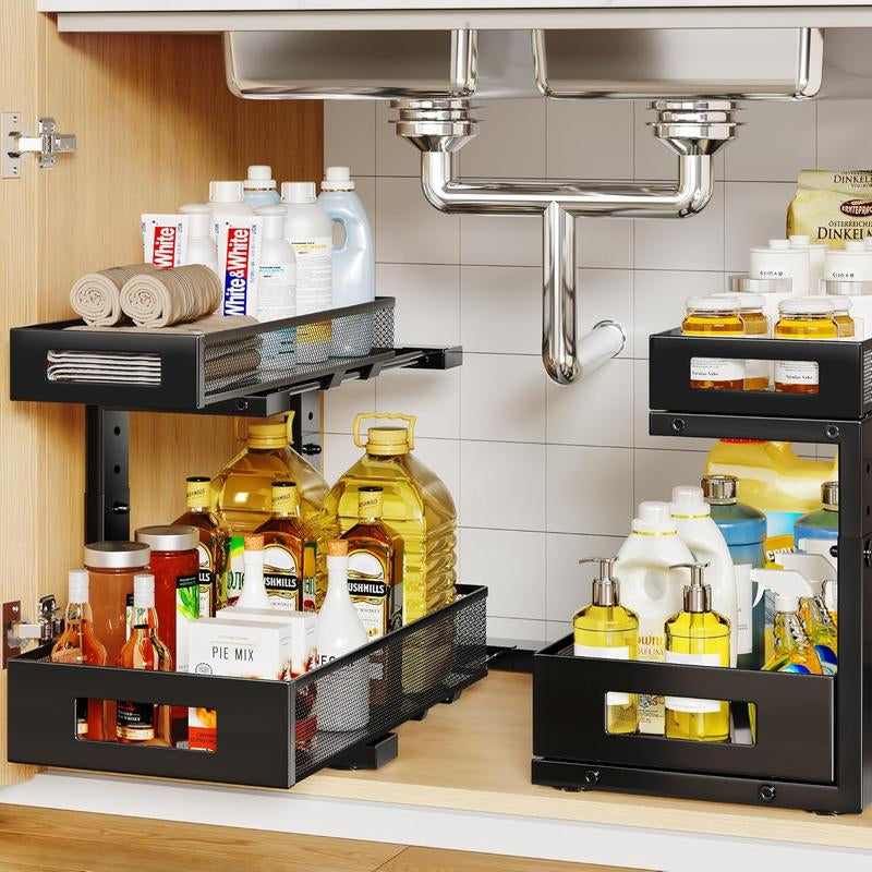 BIBORAYA-2 Pack under Sink Organizer, 2-Tier Pull Out Cabinet Organizer, Elegant Acrylic under Sink Storage Shelf for Kitchen Bathroom Cabinet, L-Shaped Adjustable Height for Maximum Space Efficiency-White