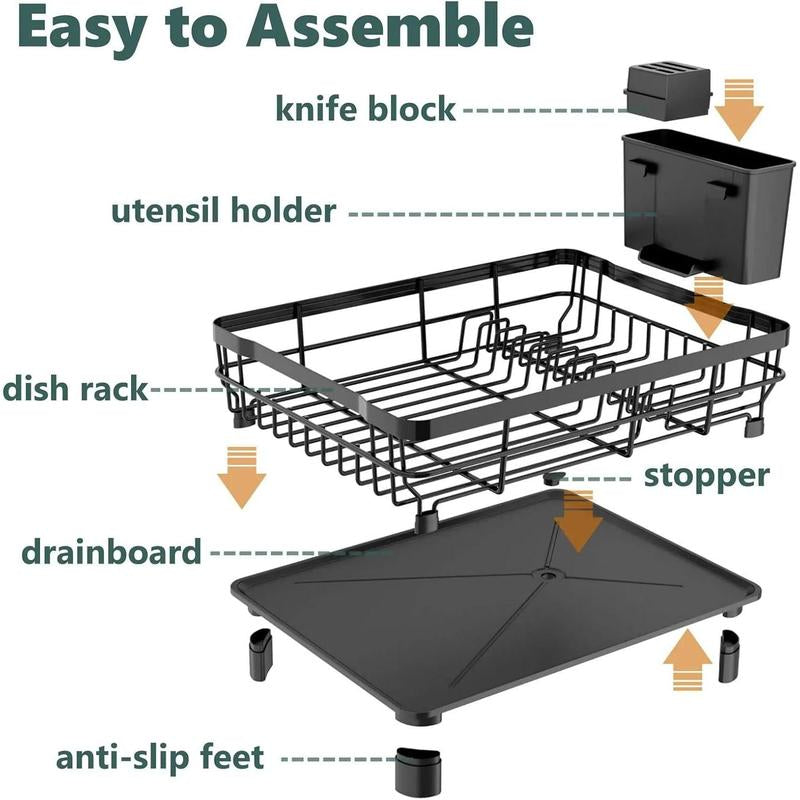 Iron Dish Drying Rack with Drainboard Dish Drainers for Kitchen Counter Extendable Spout Strainers with Utensil Holder and Knife Slots, Black