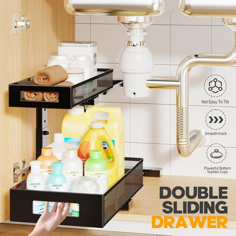 BIBORAYA-2 Pack under Sink Organizer, 2-Tier Pull Out Cabinet Organizer, Elegant Acrylic under Sink Storage Shelf for Kitchen Bathroom Cabinet, L-Shaped Adjustable Height for Maximum Space Efficiency-White