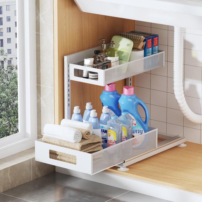 BIBORAYA-2 Pack under Sink Organizer, 2-Tier Pull Out Cabinet Organizer, Elegant Acrylic under Sink Storage Shelf for Kitchen Bathroom Cabinet, L-Shaped Adjustable Height for Maximum Space Efficiency-White