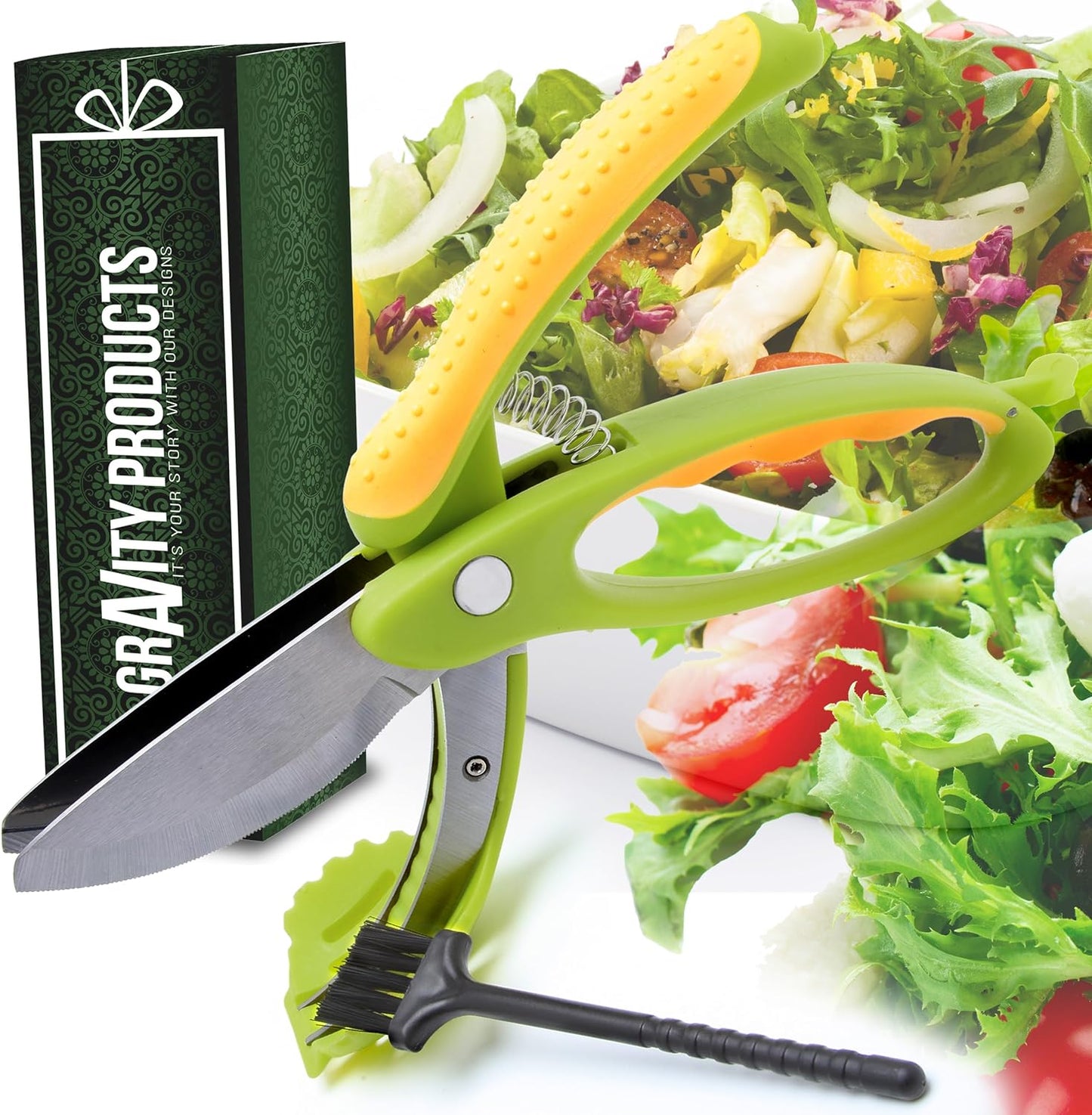 Salad Scissors - 2-In-1 Food Chopper and Kitchen Shears for Easy Salad Making, Vegetables, Meat & More - Ergonomic Handle, Stainless Steel Blades