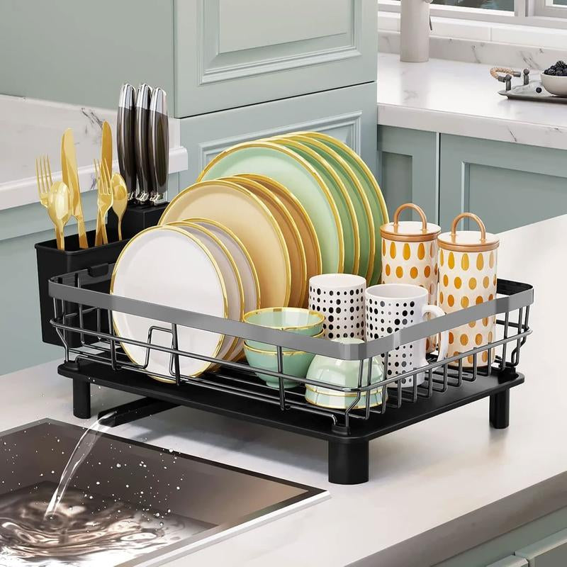 Iron Dish Drying Rack with Drainboard Dish Drainers for Kitchen Counter Extendable Spout Strainers with Utensil Holder and Knife Slots, Black