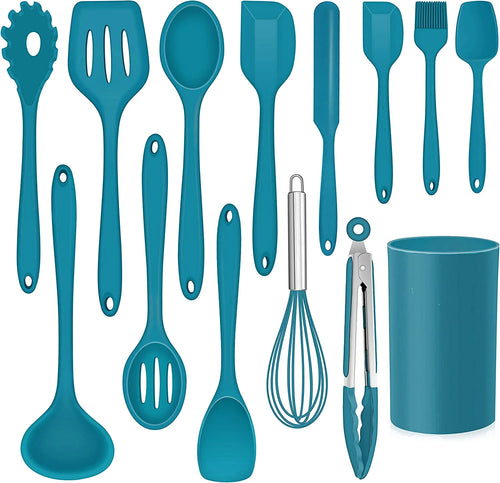 14-Piece Heat-Resistant Silicone Cooking Utensils Set with Holder - Includes Spatula, Spoon, Turner, Whisk, and Tongs in Blue