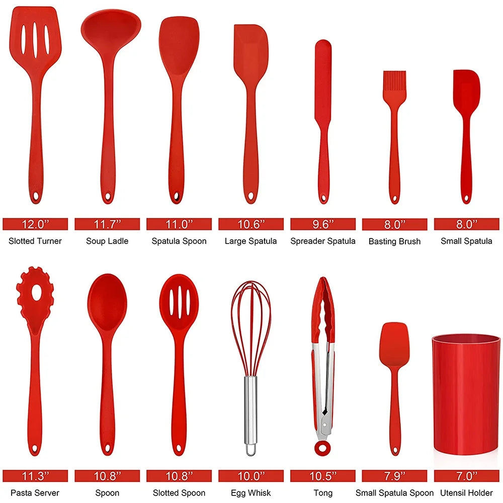 14 Pcs Cooking Utensils Set with Holder, Heat Resistant Silicone Kitchen Cookware Utensils Set, Kitchen Cooking Tools Includes Spatula Spoon Turner Whisk Tong, Dishwasher Safe, Red