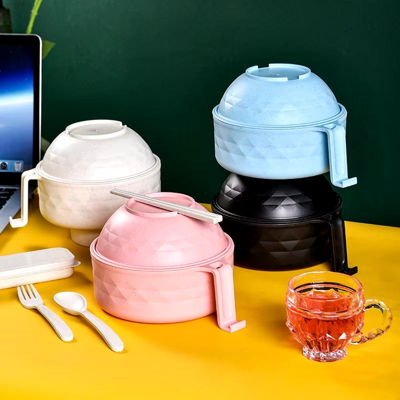 Microwave Ramen Bowl Cooker Set - Wheat Straw Instant Noodles Bowl with Handles, Ramen Noodle Cooker with Spoon Chopsticks Fork