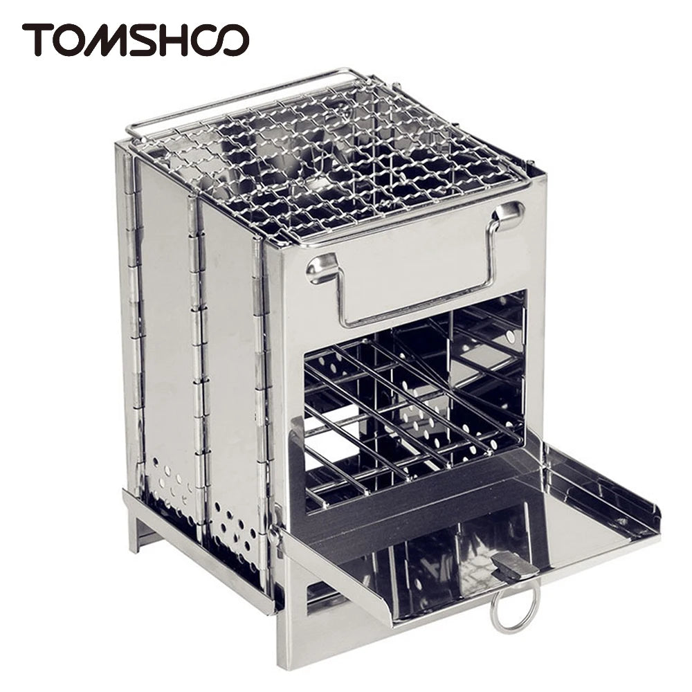 Wood Stove Portable Foldable Stainless Steel Camping Stove with Mini Charcoal Grill Lightweight Barbecue Grill