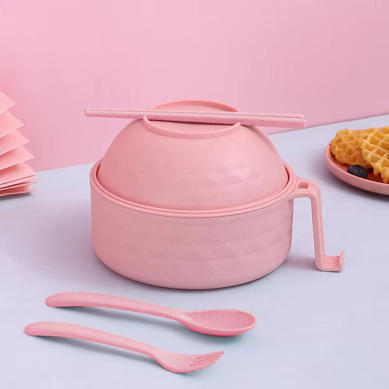 Microwave Ramen Bowl Cooker Set - Wheat Straw Instant Noodles Bowl with Handles, Ramen Noodle Cooker with Spoon Chopsticks Fork