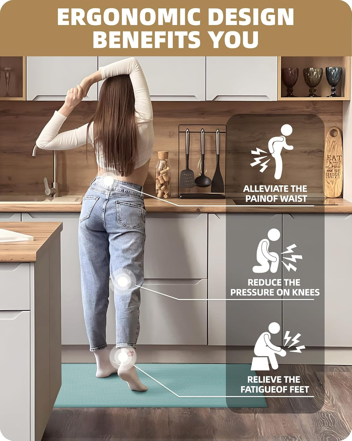 Kitchen Rugs, Kitchen Runner Rug Kitchen Floor Mat, Cushioned Anti-Fatigue Kitchen Mat, Non Slip Waterproof Comfort Standing Padded, Memory Foam Kitchen Mat, 17"X59", Teal