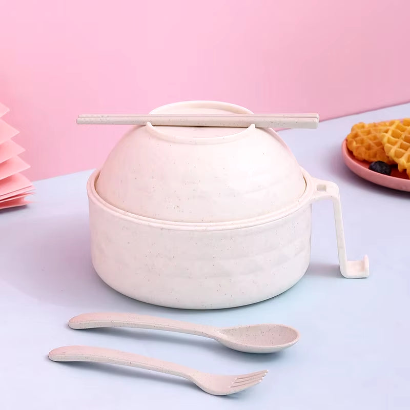 Microwave Ramen Bowl Cooker Set - Wheat Straw Instant Noodles Bowl with Handles, Ramen Noodle Cooker with Spoon Chopsticks Fork