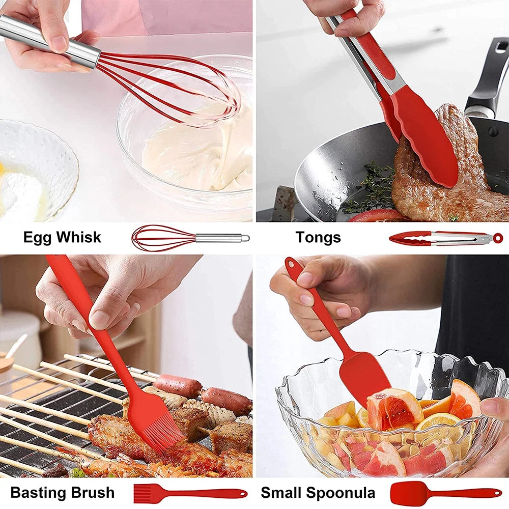 14 Pcs Cooking Utensils Set with Holder, Heat Resistant Silicone Kitchen Cookware Utensils Set, Kitchen Cooking Tools Includes Spatula Spoon Turner Whisk Tong, Dishwasher Safe, Red