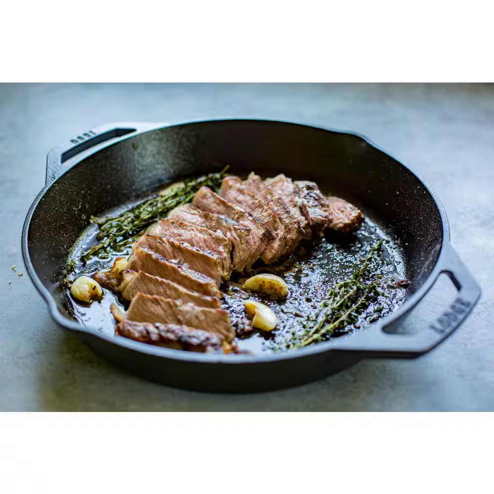 In Cast Iron Skillet in Black with Dual Handles for outdoor indoor
