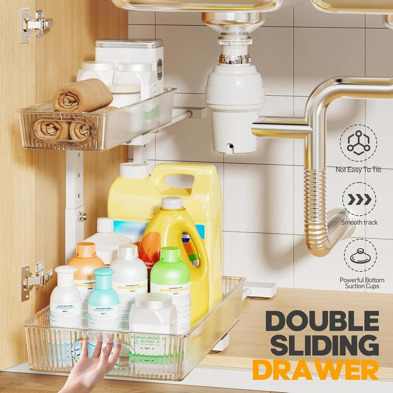 BIBORAYA-2 Pack under Sink Organizer, 2-Tier Pull Out Cabinet Organizer, Elegant Acrylic under Sink Storage Shelf for Kitchen Bathroom Cabinet, L-Shaped Adjustable Height for Maximum Space Efficiency-White