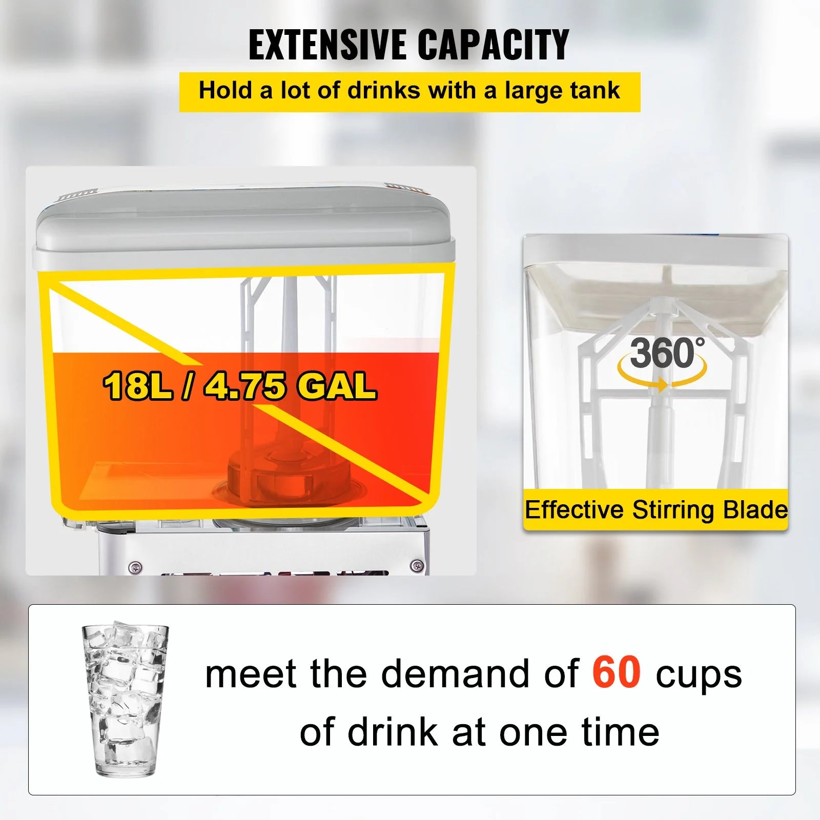 VEVOR Commercial Beverage Dispenser, 4.8 Gallon 1 Tank Cold Beverage Dispenser, 200W Food Grade Material Stainless Steel Commercial Juice Dispenser with Thermostat Controller for Cold Drink
