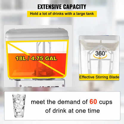 VEVOR Commercial Beverage Dispenser, 4.8 Gallon 1 Tank Cold Beverage Dispenser, 200W Food Grade Material Stainless Steel Commercial Juice Dispenser with Thermostat Controller for Cold Drink