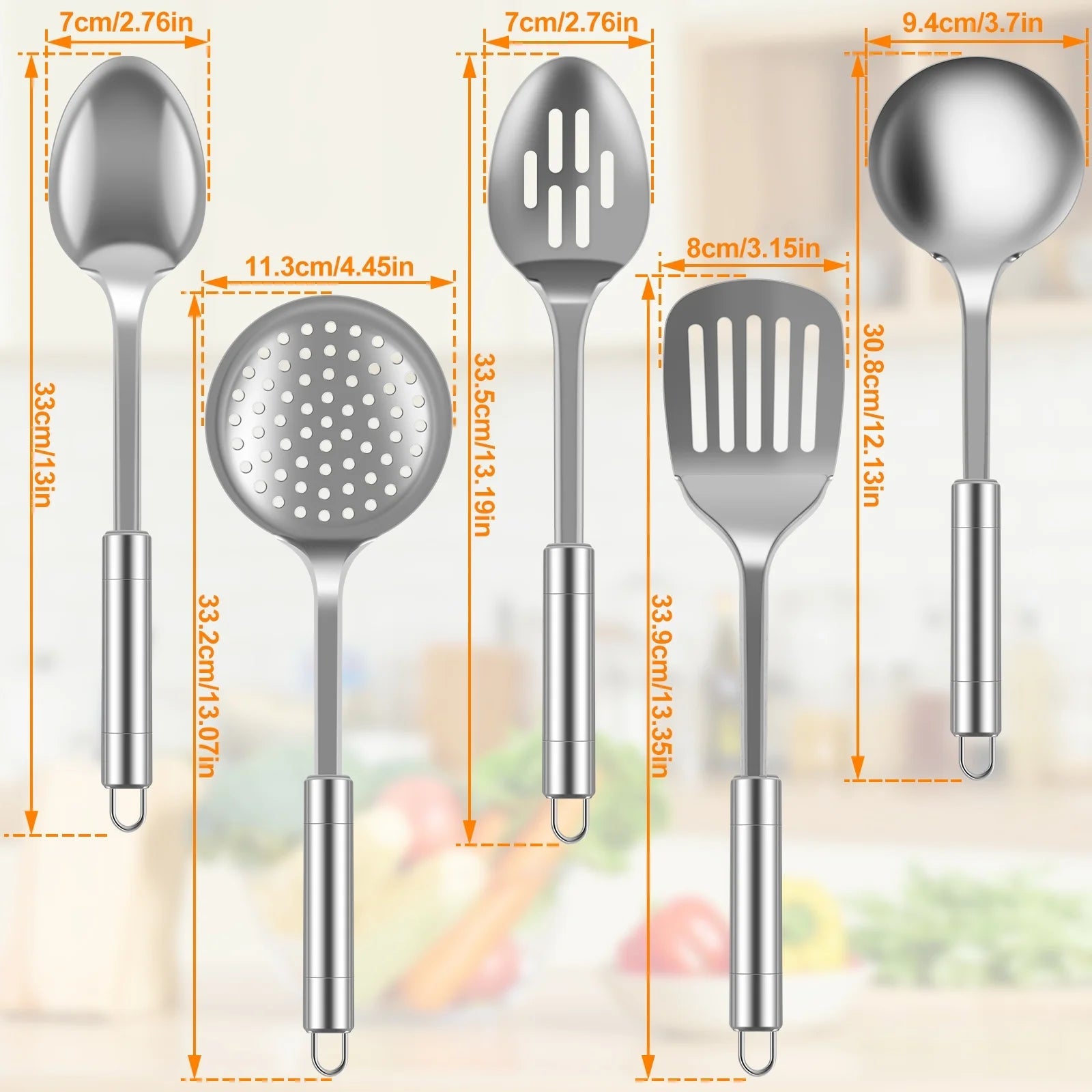 5Pcs Metal Stainless Steel Utensil for Cooking Kitchen Cooking Utensils Set Kitchen Gadgets Tools Set Spoons Spatula Sets with Ergonomic Handle Hanging Hole Reusable