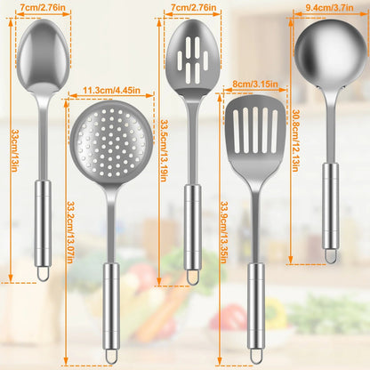 5Pcs Metal Stainless Steel Utensil for Cooking Kitchen Cooking Utensils Set Kitchen Gadgets Tools Set Spoons Spatula Sets with Ergonomic Handle Hanging Hole Reusable