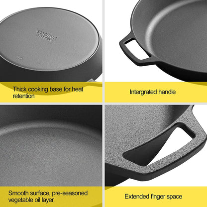 Pre Seasoned Cast Iron Skillet Large Dual Handle Frying Pan for Bread