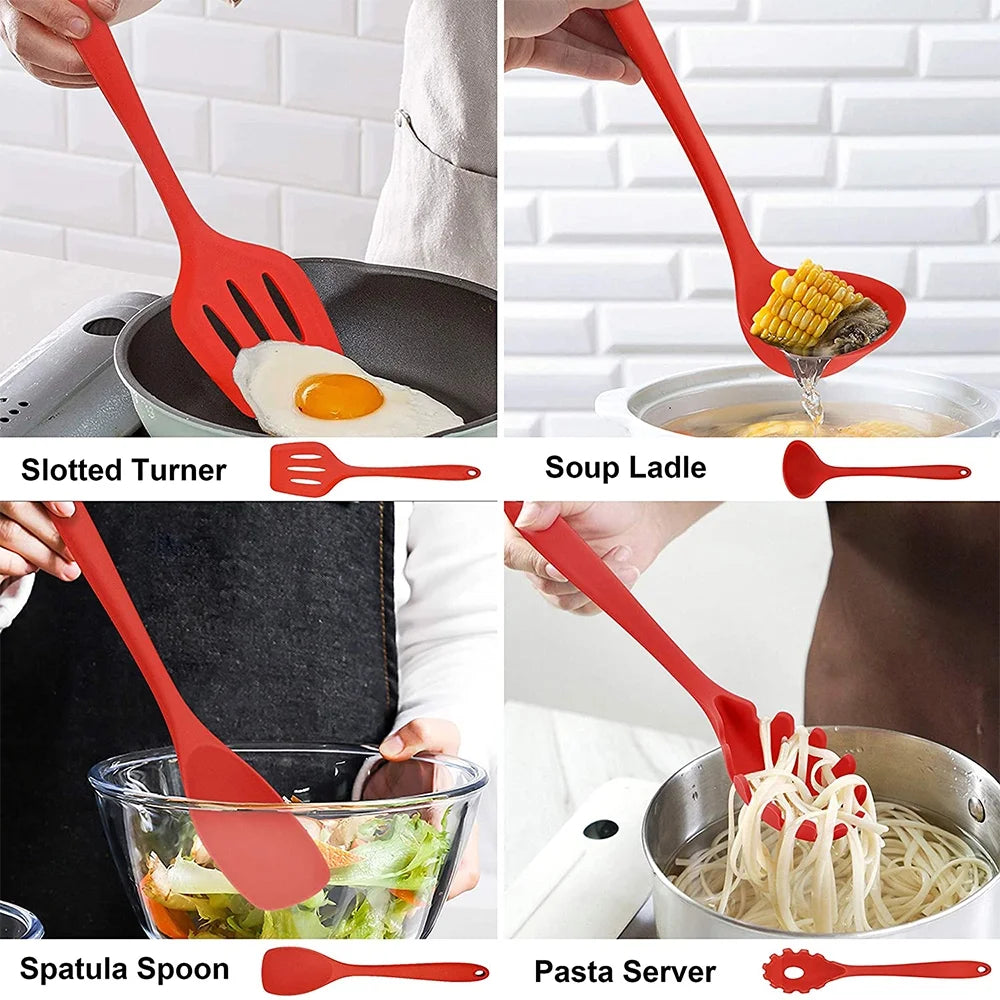 14 Pcs Cooking Utensils Set with Holder, Heat Resistant Silicone Kitchen Cookware Utensils Set, Kitchen Cooking Tools Includes Spatula Spoon Turner Whisk Tong, Dishwasher Safe, Red