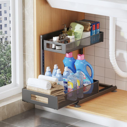 BIBORAYA-2 Pack under Sink Organizer, 2-Tier Pull Out Cabinet Organizer, Elegant Acrylic under Sink Storage Shelf for Kitchen Bathroom Cabinet, L-Shaped Adjustable Height for Maximum Space Efficiency-White