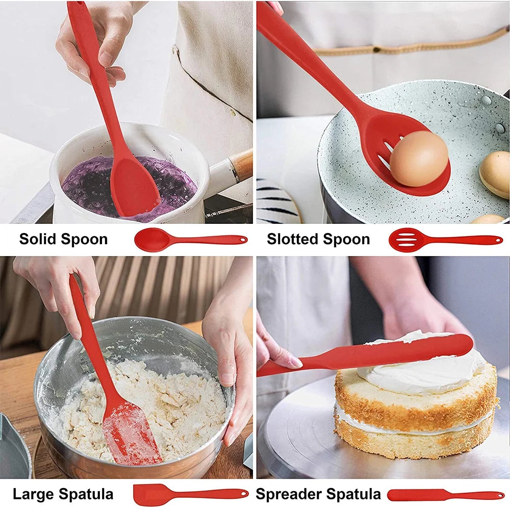 14 Pcs Cooking Utensils Set with Holder, Heat Resistant Silicone Kitchen Cookware Utensils Set, Kitchen Cooking Tools Includes Spatula Spoon Turner Whisk Tong, Dishwasher Safe, Red