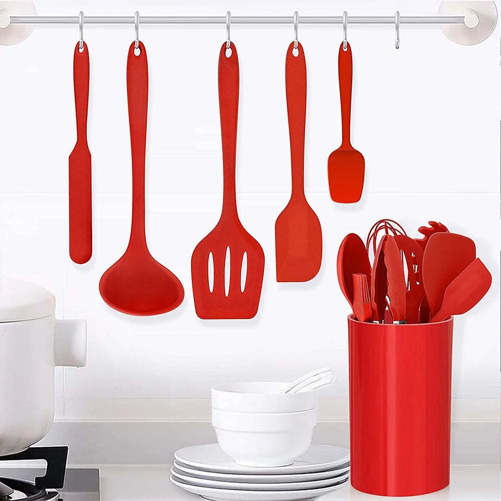 14 Pcs Cooking Utensils Set with Holder, Heat Resistant Silicone Kitchen Cookware Utensils Set, Kitchen Cooking Tools Includes Spatula Spoon Turner Whisk Tong, Dishwasher Safe, Red