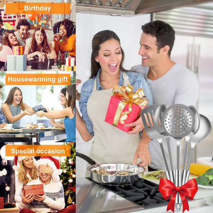 5Pcs Metal Stainless Steel Utensil for Cooking Kitchen Cooking Utensils Set Kitchen Gadgets Tools Set Spoons Spatula Sets with Ergonomic Handle Hanging Hole Reusable