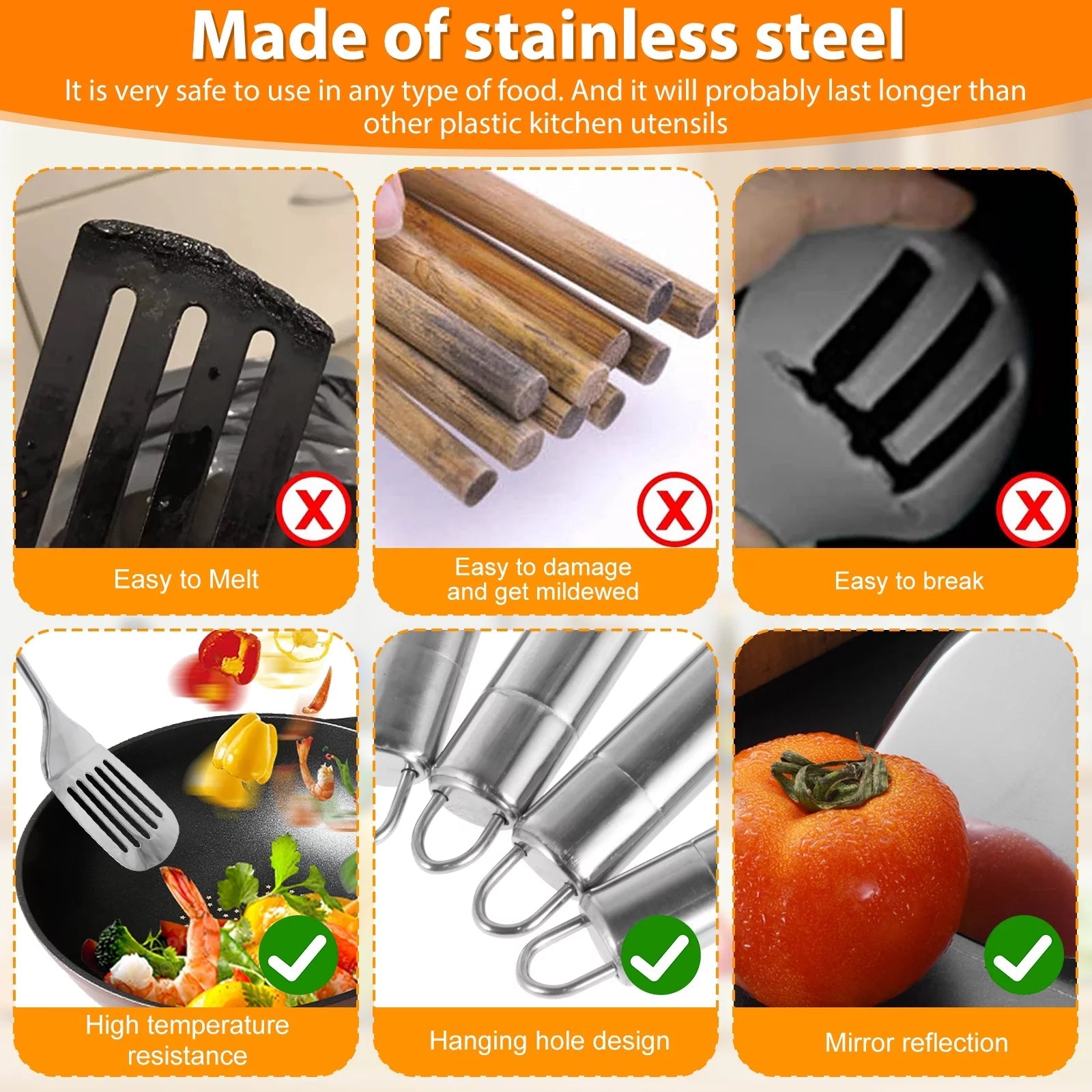 5Pcs Metal Stainless Steel Utensil for Cooking Kitchen Cooking Utensils Set Kitchen Gadgets Tools Set Spoons Spatula Sets with Ergonomic Handle Hanging Hole Reusable
